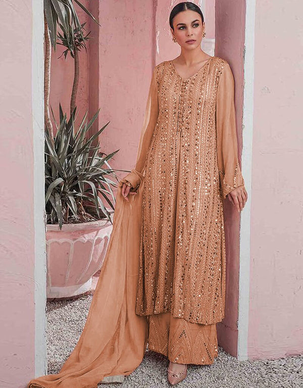 Orange Sharara style Suit Faux Georgette Salwar Kameez in Embroidery, Sequins & Lace Work